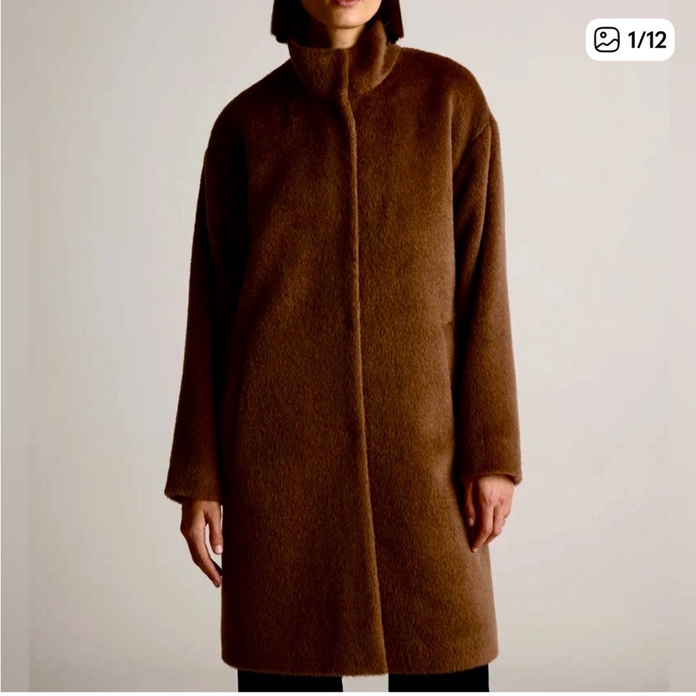Quince Brown Alpaca-Wool Stand Collar Coat in Large